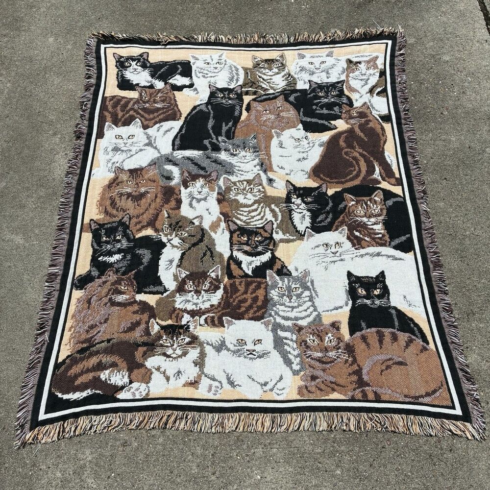 VTG Goodwin Weavers Cat Tapestry Blanket Woven Cotton Throw "Kitty Kingdom" USA
